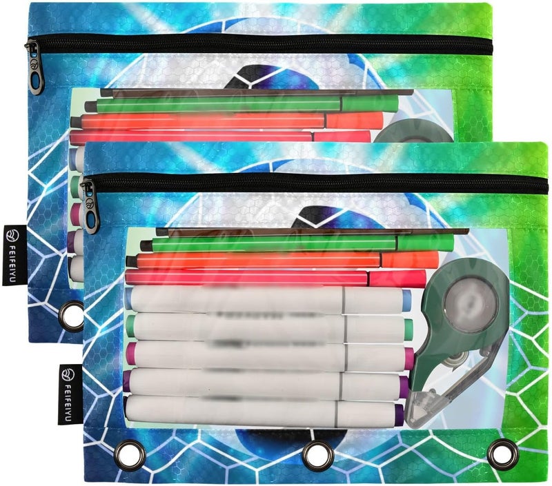BOENLE Soccer Ball Football on Field Pencil Pouch for 3 Ring Binder, 2 Pack Waterproof Pencil Bags Clear Window Pencil Case Zipper School Office Supplies - Image 2